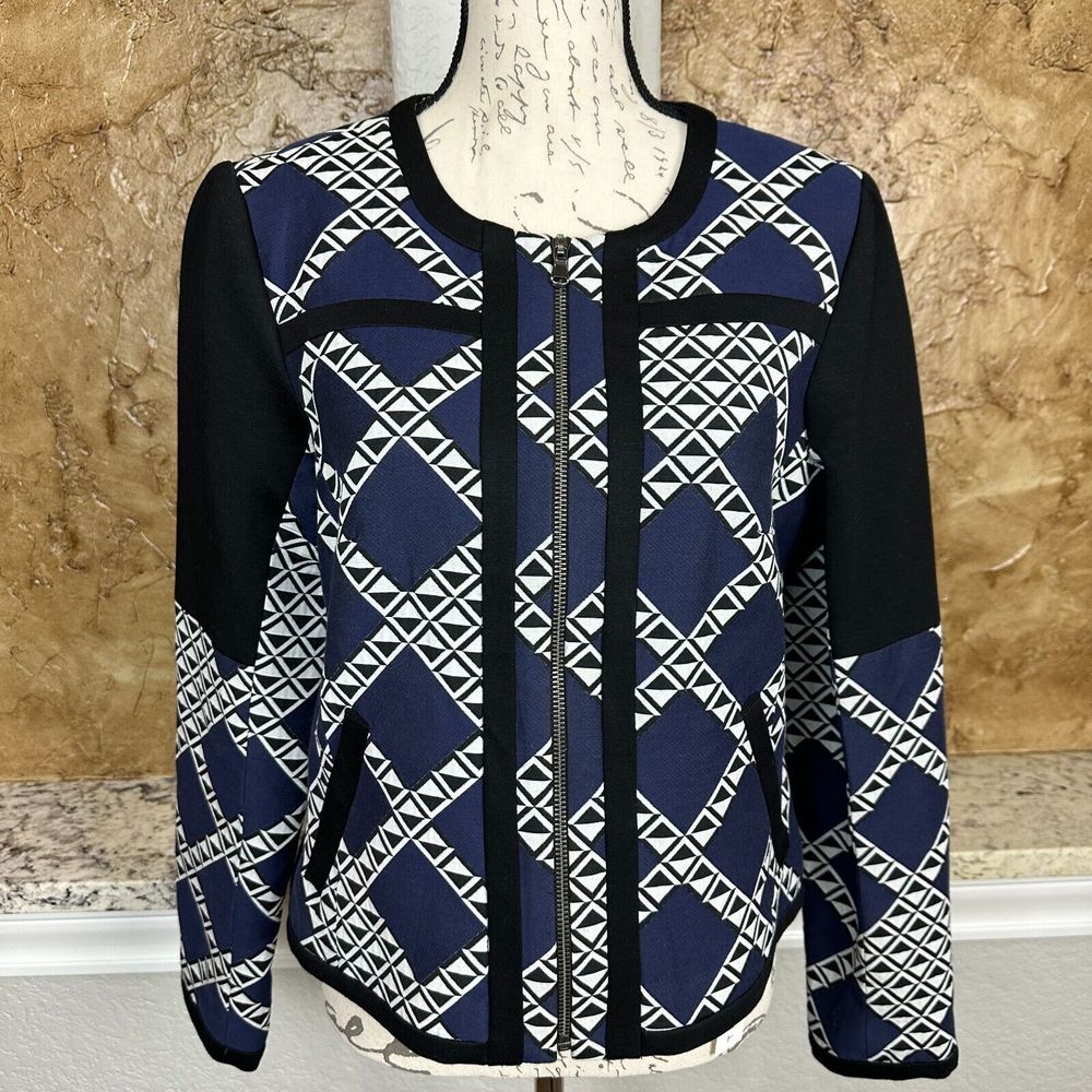 NWT‎ Trina Turk Alvera Bomber Jacket Womens 10 Blue Black Geometric Full-Zip NEW
